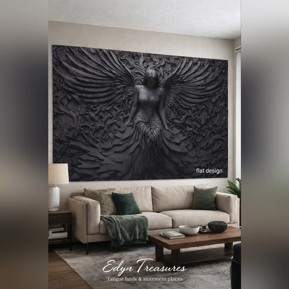 Angel Wing Wall Tapestry Black Flat Design Wall Decor NWOT